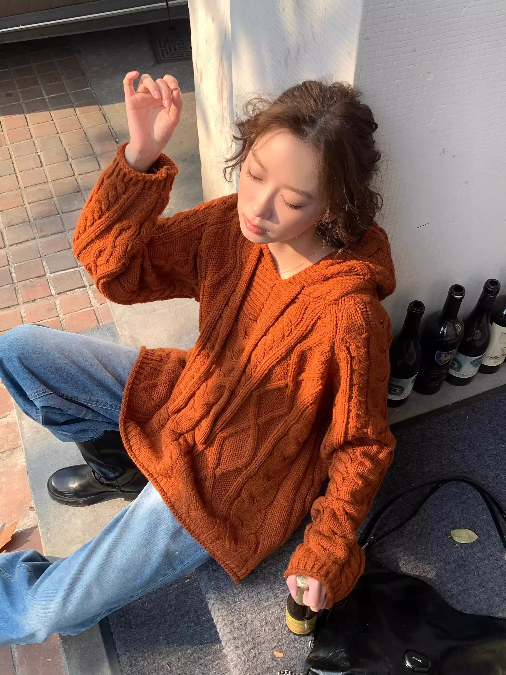 

Толстовка унисекс большого размера с длинным рукавом, вязаная, с узором «косы», в корейском стиле, весна-осень, свободный крой, теплая, из полиэстера