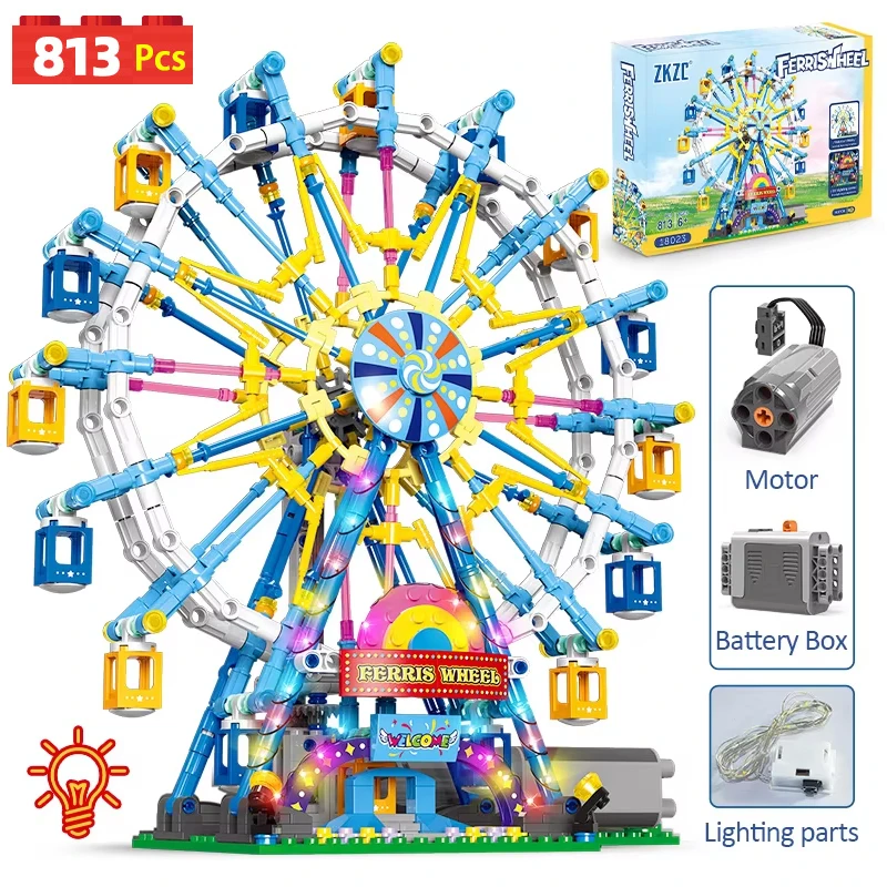 MOC City amusement park Friends Rotating Ferris Wheel Building Blocks Electric Bricks with Light Toy for Children festival Gift