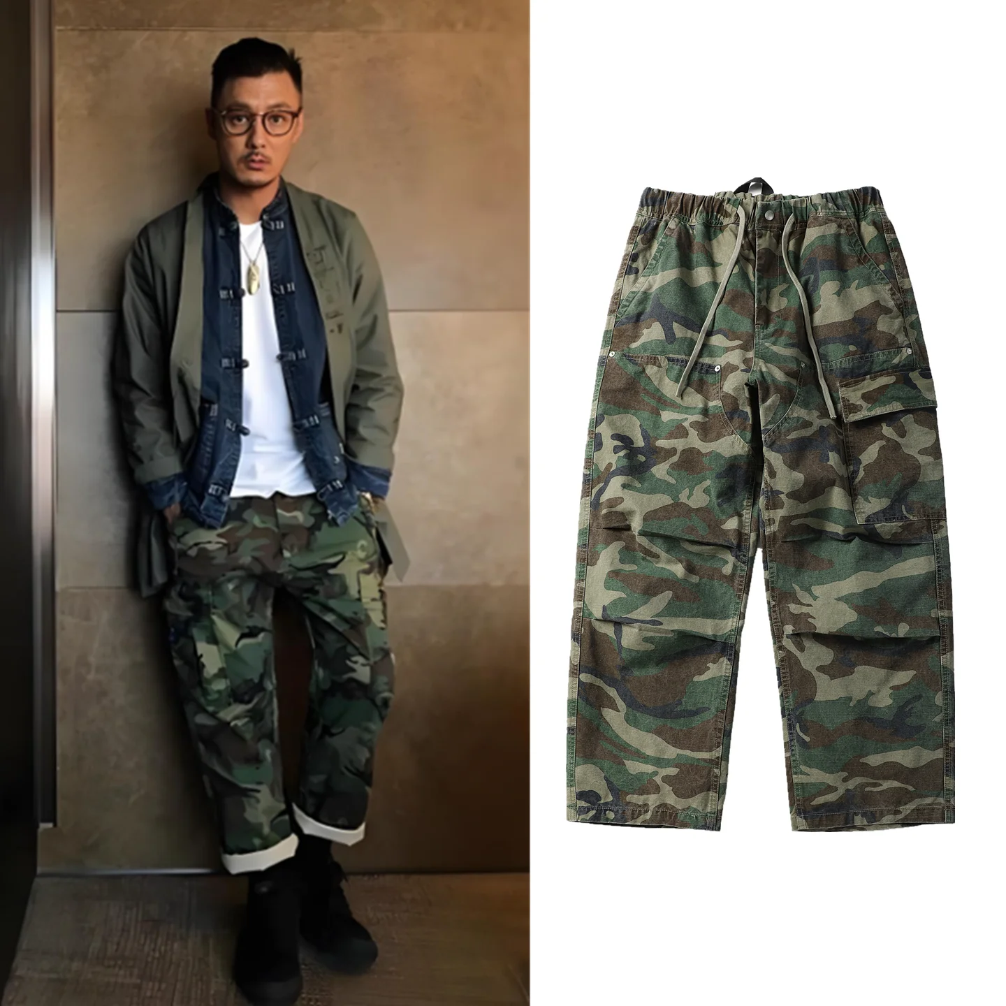 

Trendy Camouflage Wide Leg Workwear Pants Men's American Paratrooper Loose Straight Casual Long Trousers Street Sle Cotton