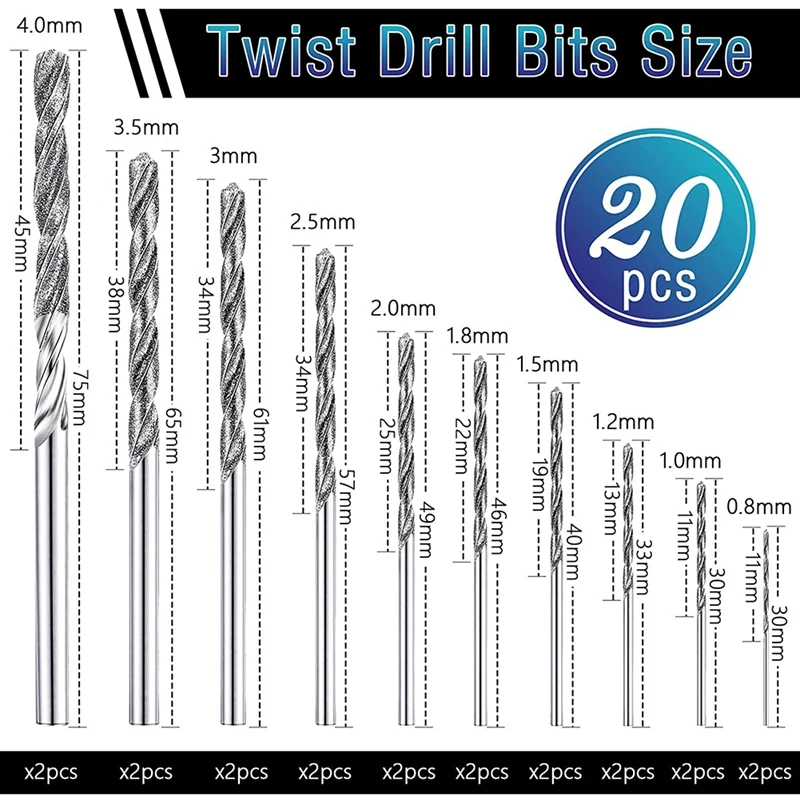20 Pcs Diamond Drill Bits Set Twist Diamond Tip Drill Bit Heavy Duty Mini Diamond Drill Bit Set For Glass Tile Jewelry