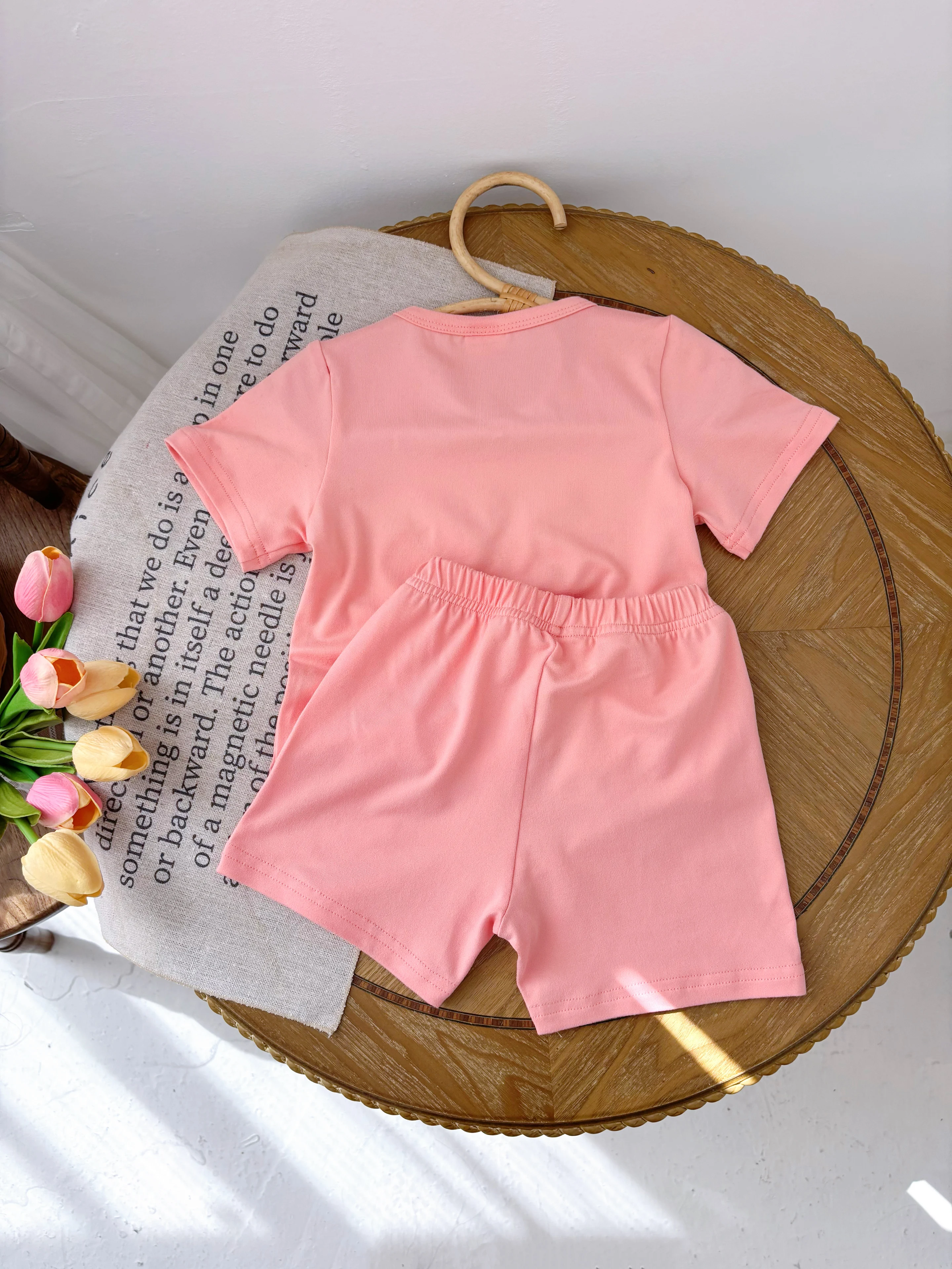 Girls Summer Casual Clothing suit-pink CATERPILLAR and Fruit Printed Short Sleeve T-Shirt and Shorts Two-Piece Set, Great for Ev