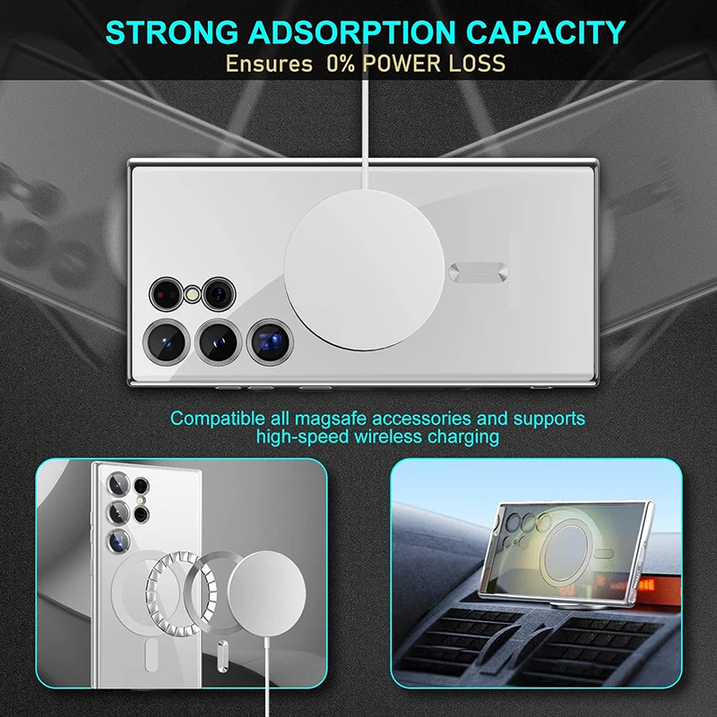 Magsafe Case For Samsung S24 S23 S22 S21 Ultra Plus Note 20 10 Clear Silicone Full Camera Crystal Magnetic Car Cover Bumper Capa