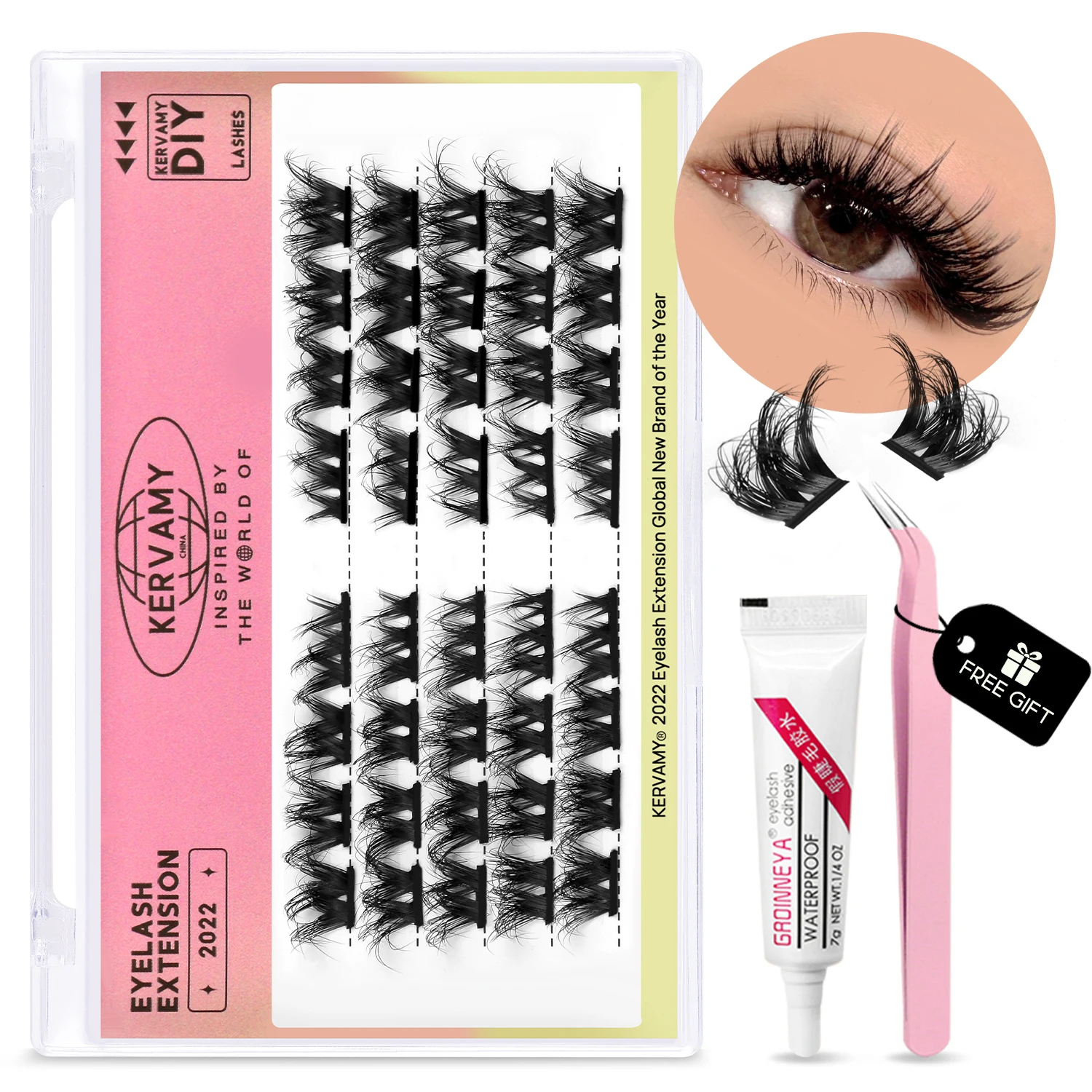 GROINNEYA Eyelashes Extension Set Individual Lashes Natural Wispy Lashes Clusters Fluffy Kit Extension With Tweezers And Glue