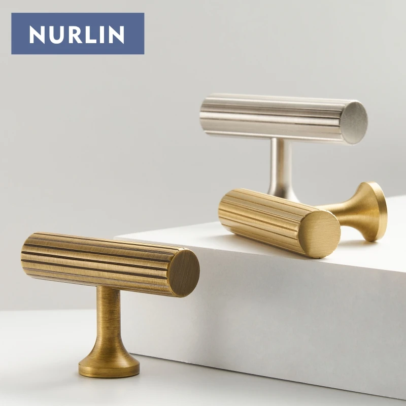 Nurlin Solid Brass Art Deco Style Vertical Lines Linear Kitchen Cabinet Knobs Silver Nickel Drawer Handle Pull