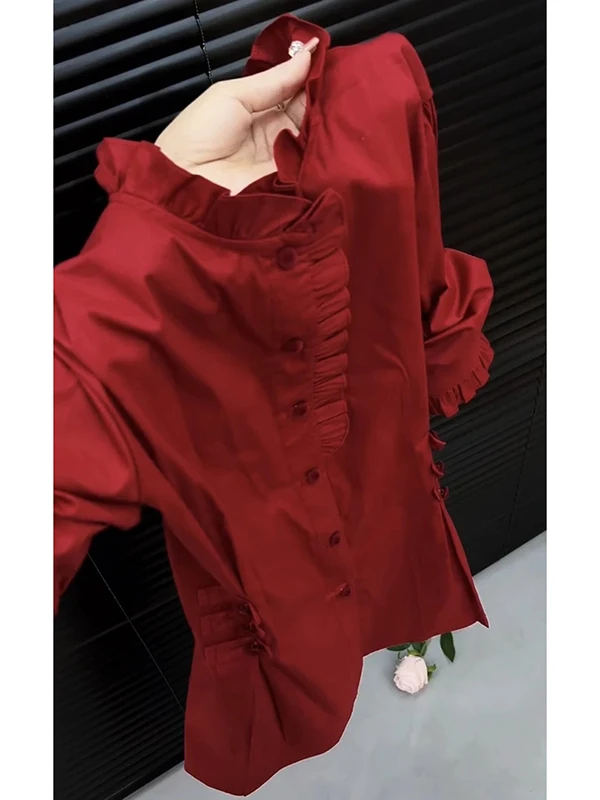 

Elegant Red Women's Shirt Small Turn-down Collar Versatile Fashionable Spring 2026 New Style Commute Korean Loose Fit Long Sl...