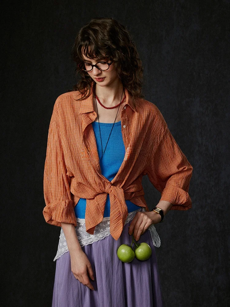 

Женская летняя свободная рубашка LITLECOT в оранжевую клетку, новая, длинная, повседневная, в стиле ретро, с защитой от солнца, винтажная, на пуговицах