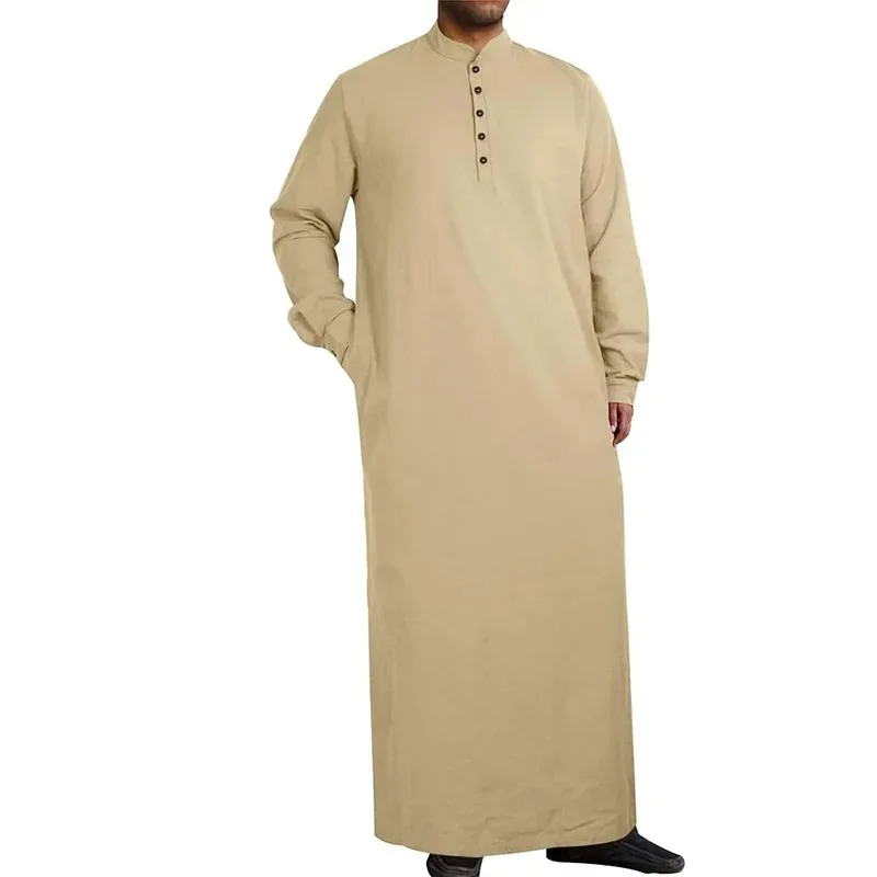 

Arabian Style Men's Long Cotton Linen Robe Muslim Clothing Stand Collar Buttoned Casual Wear Comfortable Lightweight Tunic