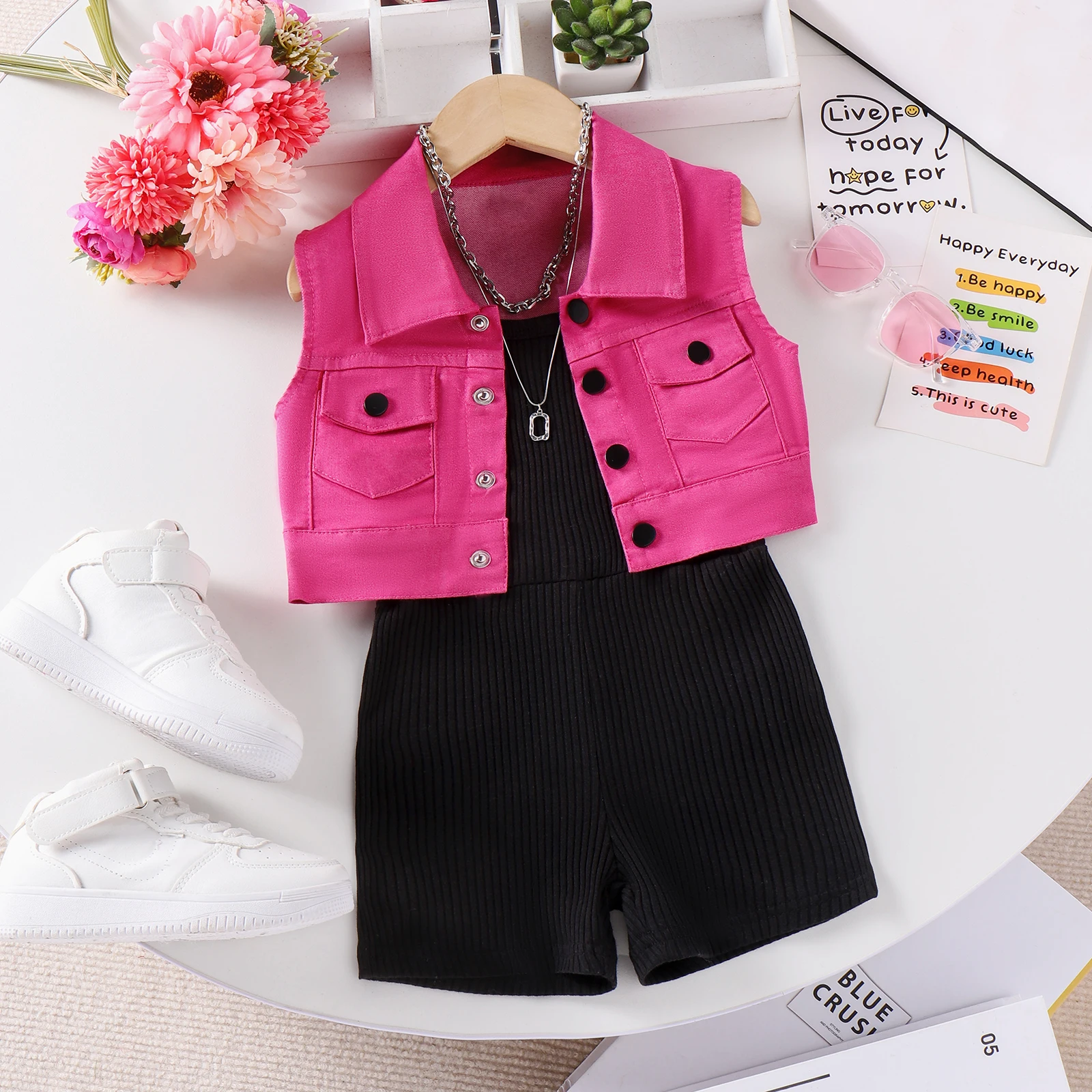 2PCS Summer Fashion Trend For Children 4-7 Years Old Cute Comfortable Soft Rose Red Vest + Black Dress With Hal