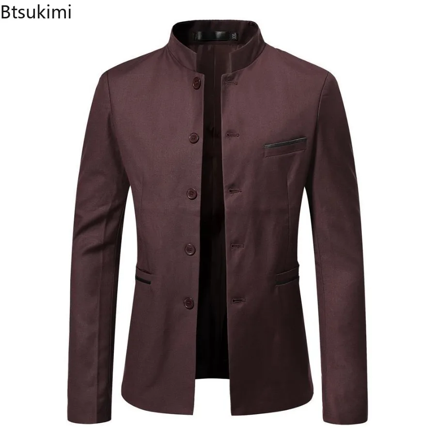 Fashion Brand New Men's Suit Coats Solid Stand Collar Simple Chinese Style Business Casual Blazer Jackets Zhongshan Suit Homme