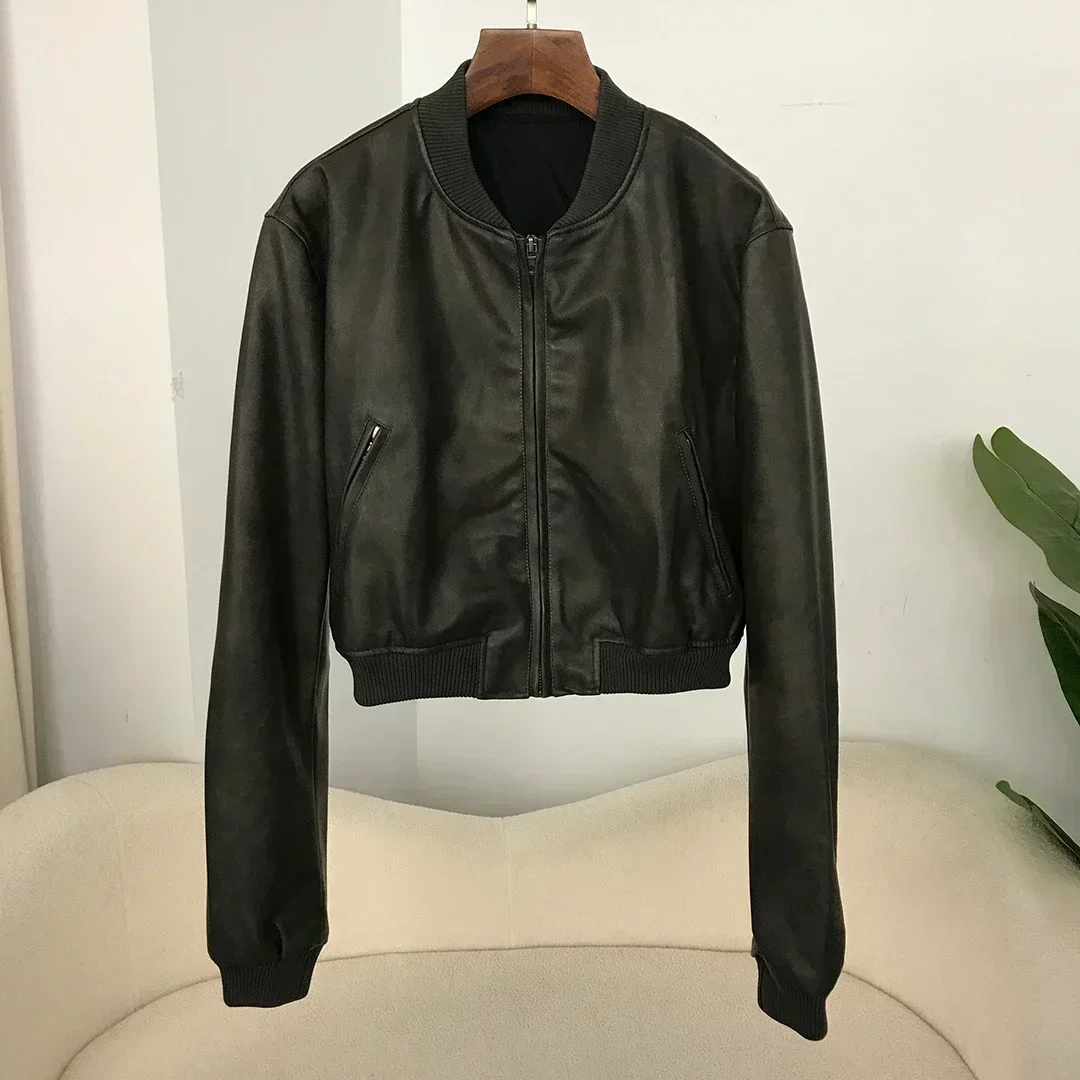 

Women Washed Leather Loose Jacket Vintage Stand Collar Gradient Zipper Short Coat Spring Lady Locomotive Style Bomber Brand New