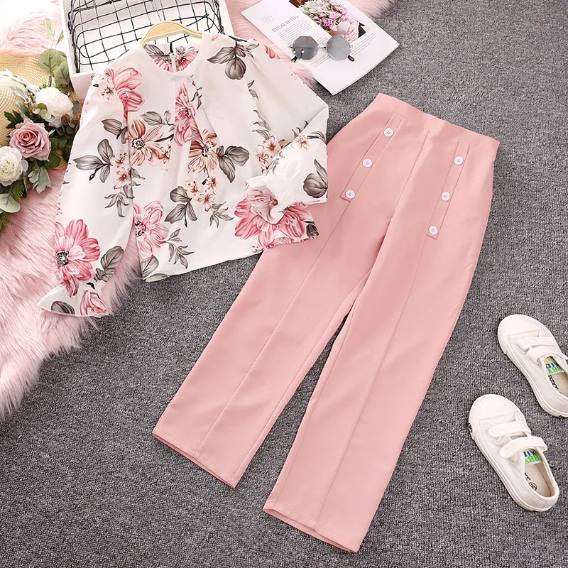 Girls\' Clothing Set New Spring Autumn Printed O-Neck Long-Sleeved Top + Casual Straight Long Pants Clothes Sets for Children