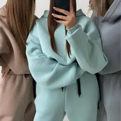 Fleece-lined Tracksuits Women Casual Solid Warm Suits Hoodies Sweatpants Autumn Winter Pullover Sweatshirts Pants 2 Piece Set