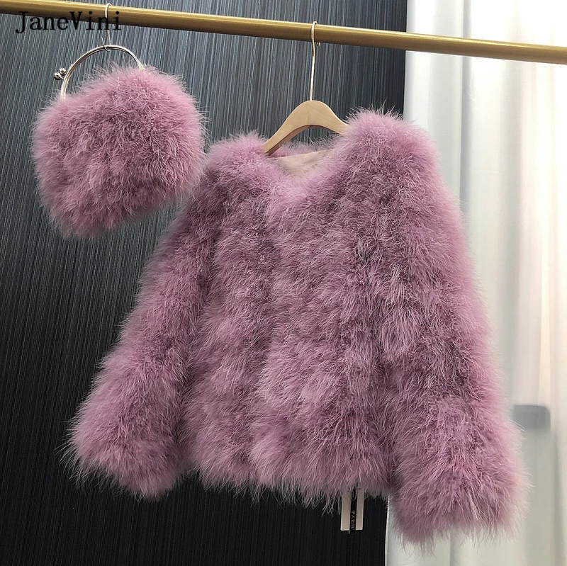 JaneVini Fashion Purple Ostrich Feather Bridal Cape Women Jacket Wedding Faux Fur Shawl Wrap Winter Evening Coat Outerwear Cloak