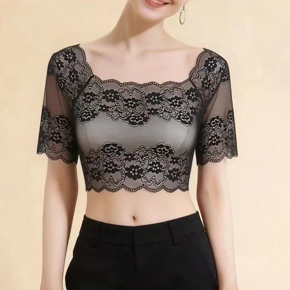Fashion Nylon Lace Short Sleeve Top Short Sleeve Thin Light Fabric Sheer Mesh Blouse Breathable Hollow Out Layering Tee Women