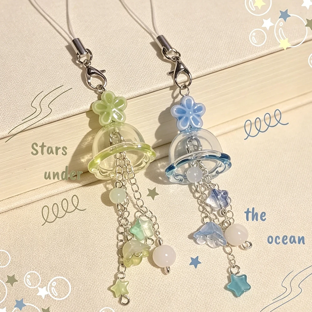 Niedlicher transparenter Quallen-Handyanhänger mit Sternblumen-Perlenquaste, Karabinerverschluss, Y2K Kawaii Handtaschen-Schlüsselanhänger-Accessoire für G – Detail 2