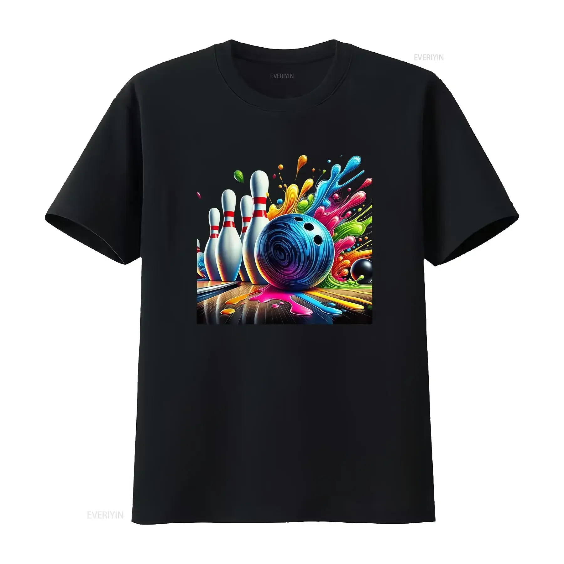 Cool Streetwear Colorful Splash Paint Bowling Ball Pins Print Casual T Shirt vintage Washed Top For Everyday Wear