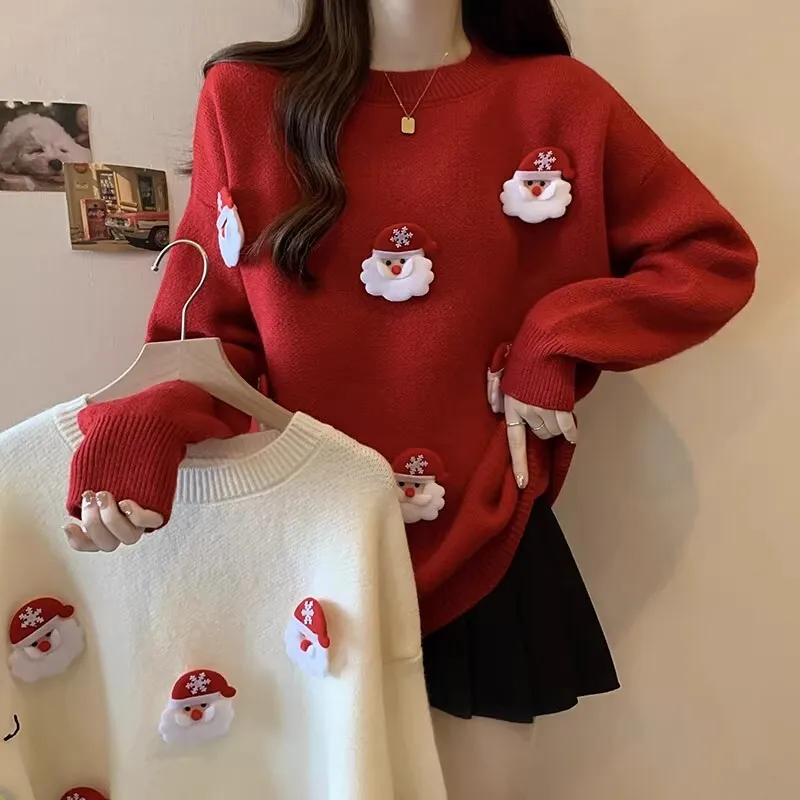 Y2K Sweet Girls Kawaii Santa 3D Applique Crew Neck Sweater for Women Soft Knit Jumper Christmas Party Aesthetic Long Sleeve Top