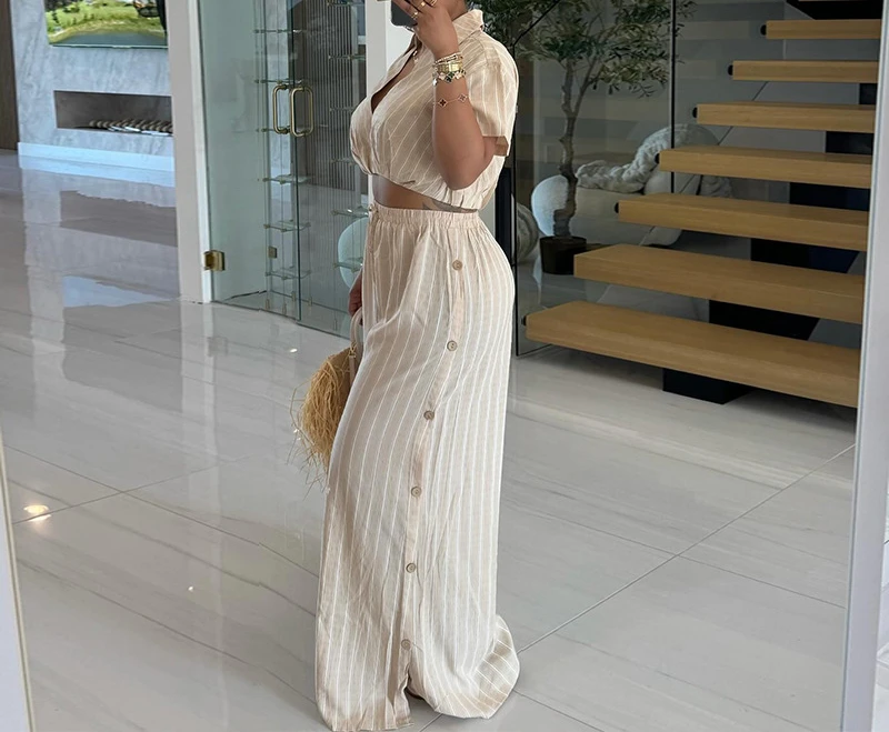 

Two Piece Set Women's Clothing 2024 Summer New Sweet Striped Short Sleeved Shirt High Waisted Drawstring Wide Leg Pants Suits