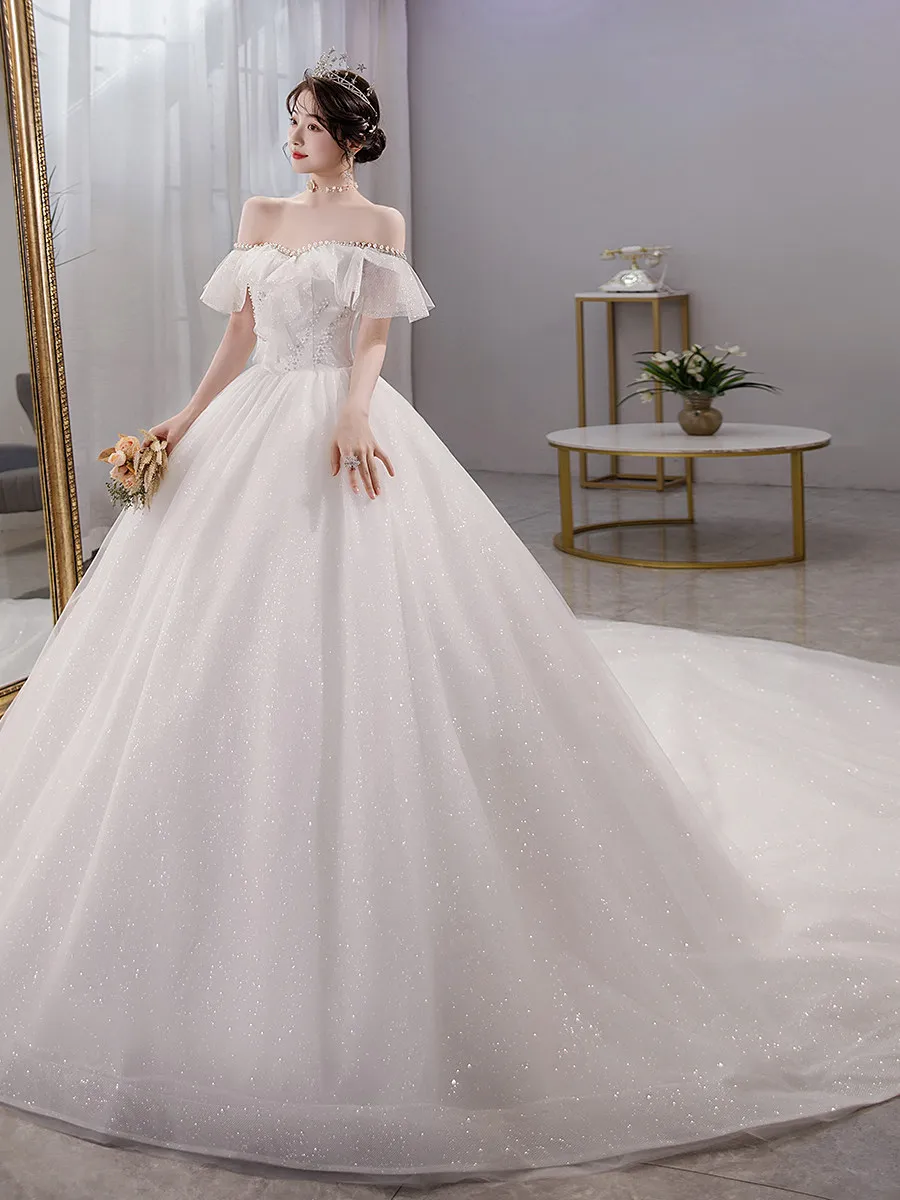 French Main Wedding Dress 2026 New Bridal Light Yarn off-Shoulder Advanced Texture Palace Style Luxury Heavy Work Tail