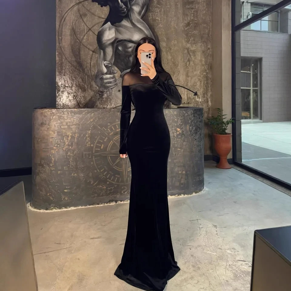 

2026 Autumn Winter New Black Velvet Patchwork Off Shoulder Tulle Long Sleeve Bodycon Mermaid Tail Long Formal Dress Women