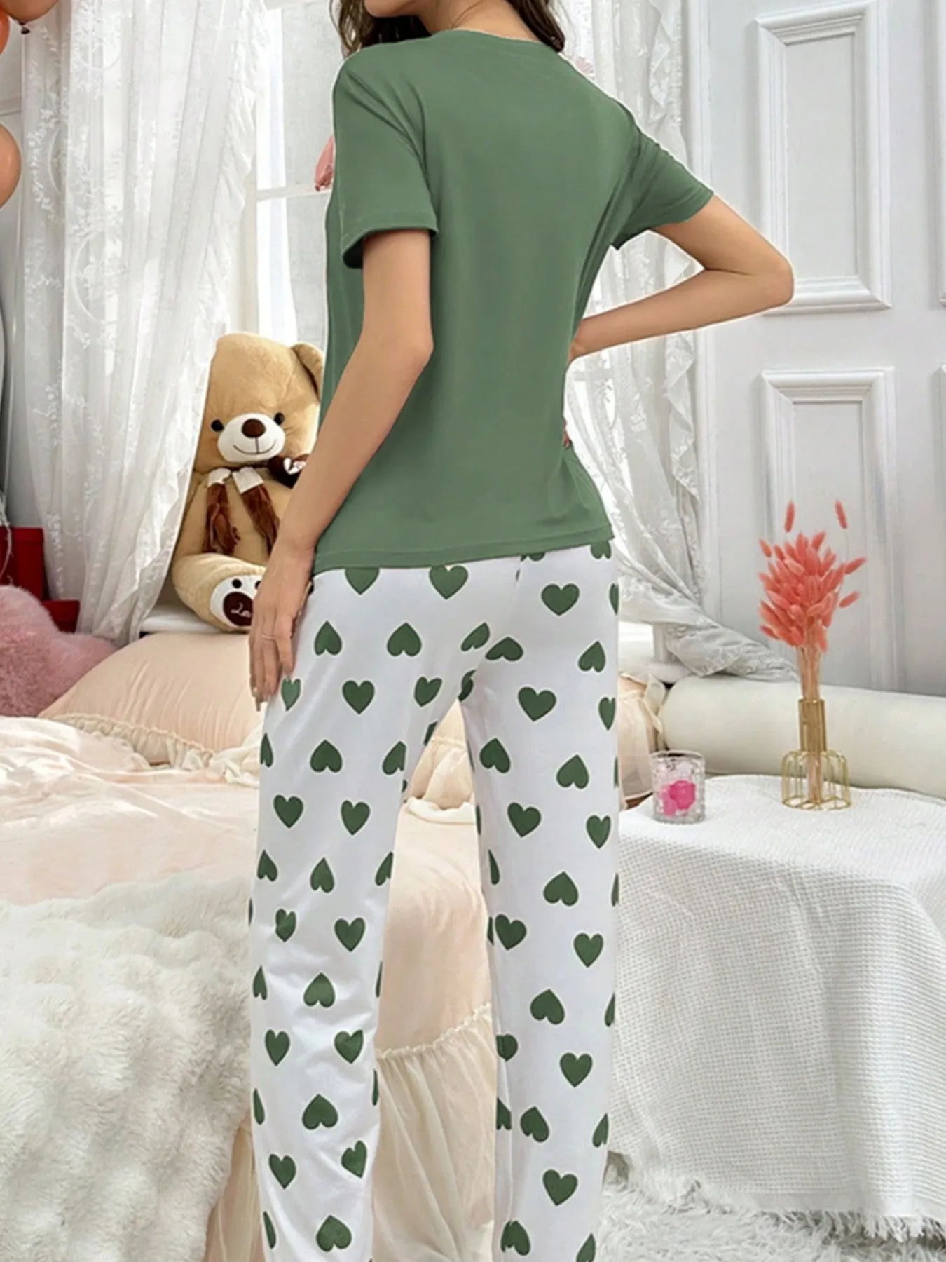Autumn Winter Pajamas Set for Women Loungewear Sleepwear Cute Love Print Long Sleeve Tee Shirt Top and Pants Pijama Sets