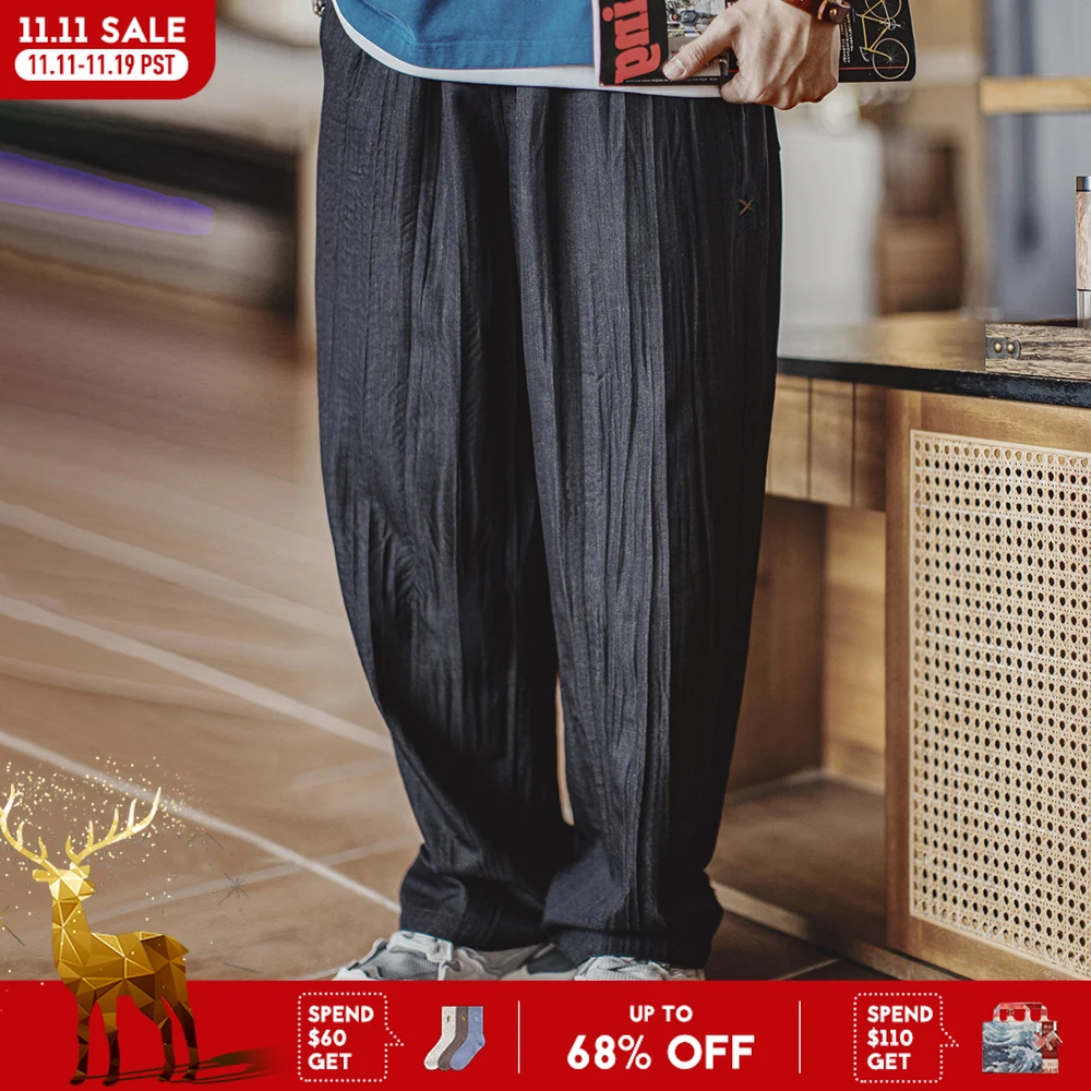 

Maden Casual Cityboy Style Water Wave Pleated Pants Men's Spring and Summer Loose Fit Trousers with Elastic Waist Cool TR Bottom