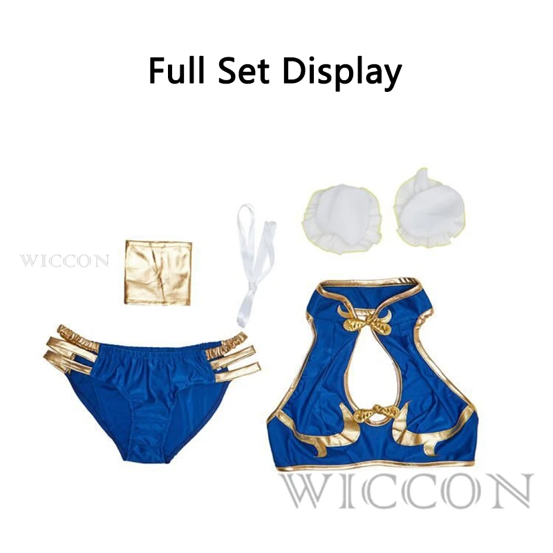 Chun Li Costumi Cosplay Blu Costume bikini sexy Gioco Uniforme Costume da bagno Copricapo Donna Halloween Party Outfit