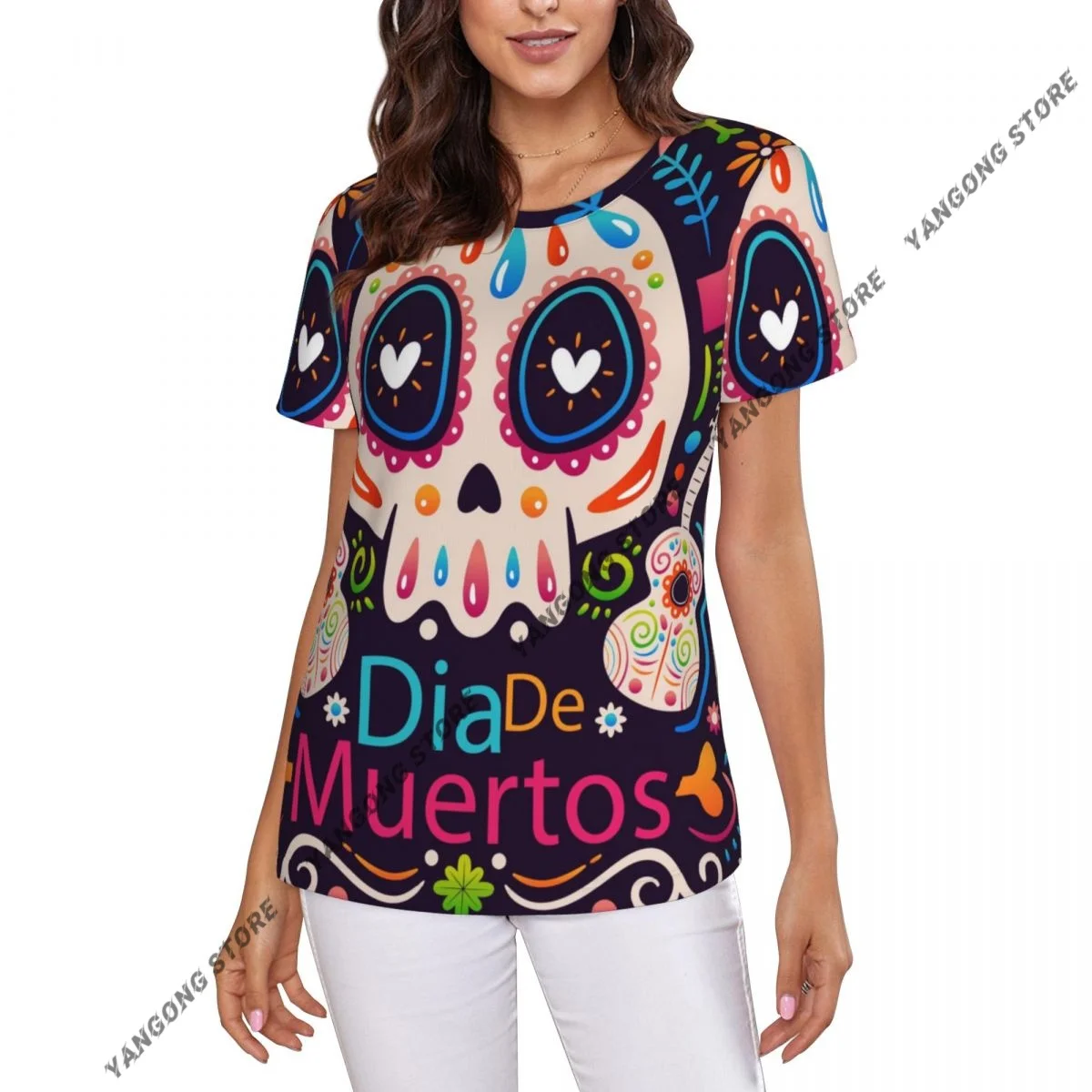Womens Short Sleeve Dia De Muertos Print Casual Tee Clothing Crewneck Woman T-Shirts