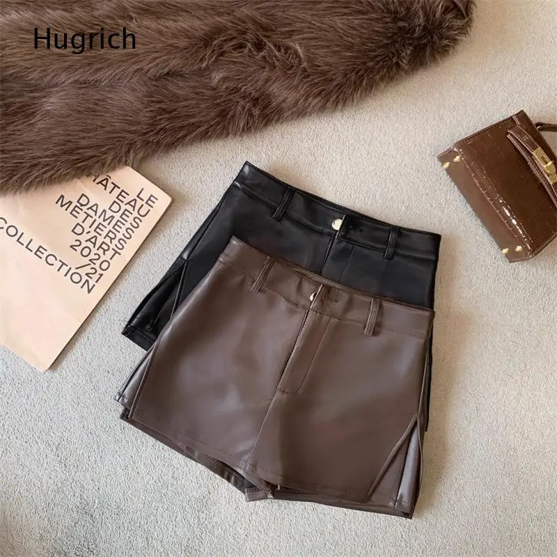 Retro Faux Leather High Rise Front Split Skort Single Metal Button Zipper Slim Fit Short Skirt Daily Commuter Bottoms