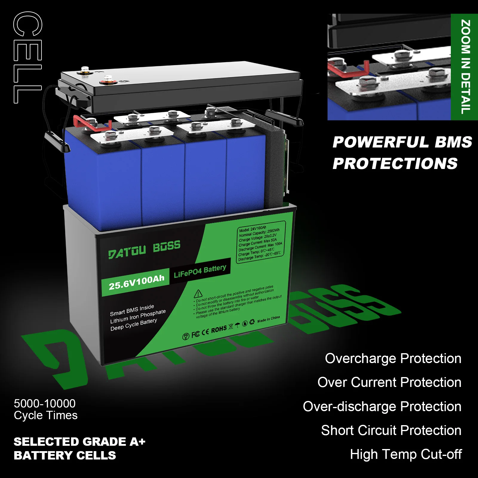 Datouboss 12V 100 200 300ah بطارية LiFePO4 محمولة قابلة للشحن مدمجة في نظام BMS ذكي دورة عميقة 10000 + لـ RV
