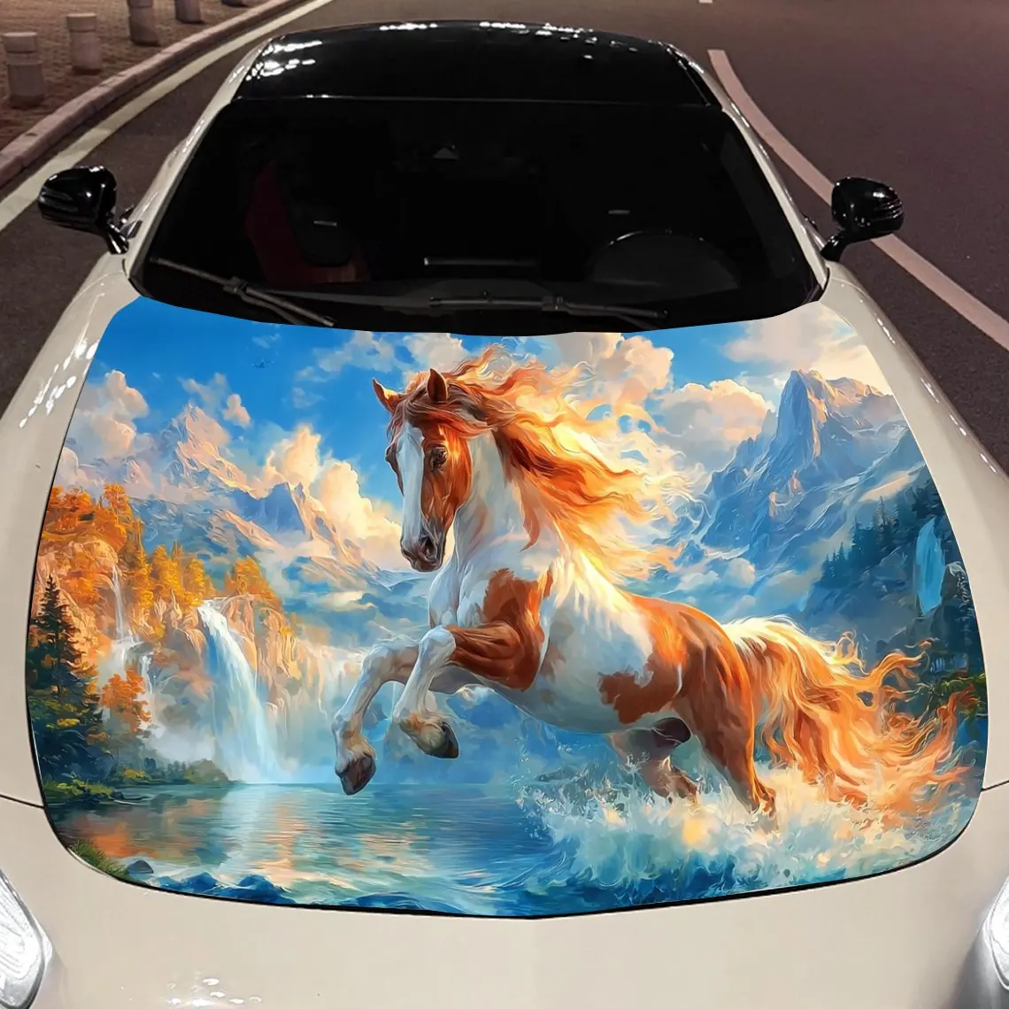

Cloud Waterfall Golden-Mane Horse Car Vinyl Wrap, PVC Material Waterproof Car Hood Sticker, Self-Adhesive Scratch-Resistant Stic