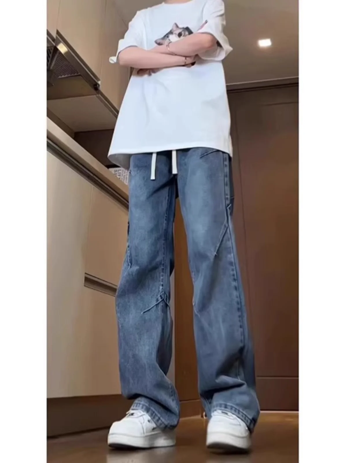 

Американские джинсы в стиле ретро с защипами, мужские летние тонкие джинсы в стиле High Street Vibe, с эластичной резинкой на талии, прямые длинные брюки