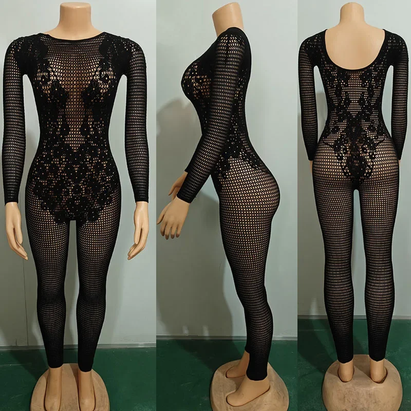 Doyerl Long Sleeve Black Overall Woman Jumpsuit Midnight Club Party Skinny Hollow Out Stretchy One Piece Romper Monos Mujer