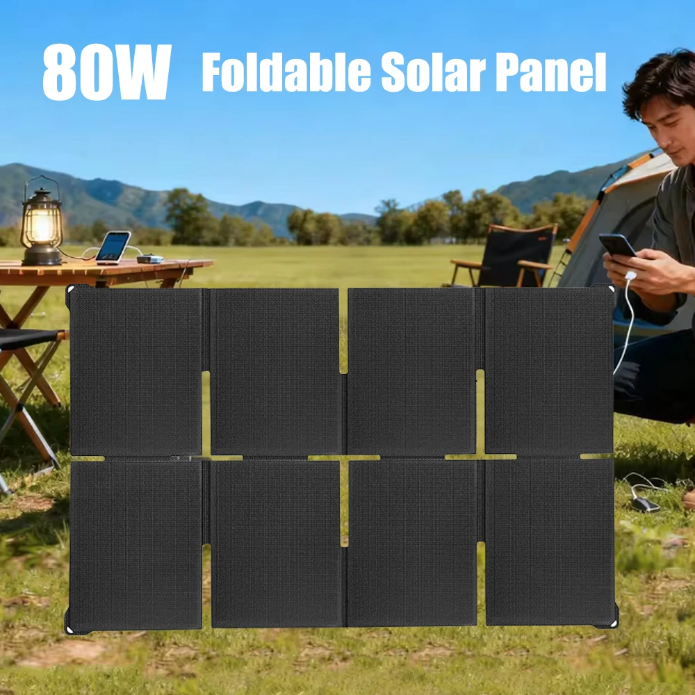 8-Fold Foldable Portable Solar Panel 80W Solar Generator Charger & Solar Output for Outdoor Camping Hiking Power Station