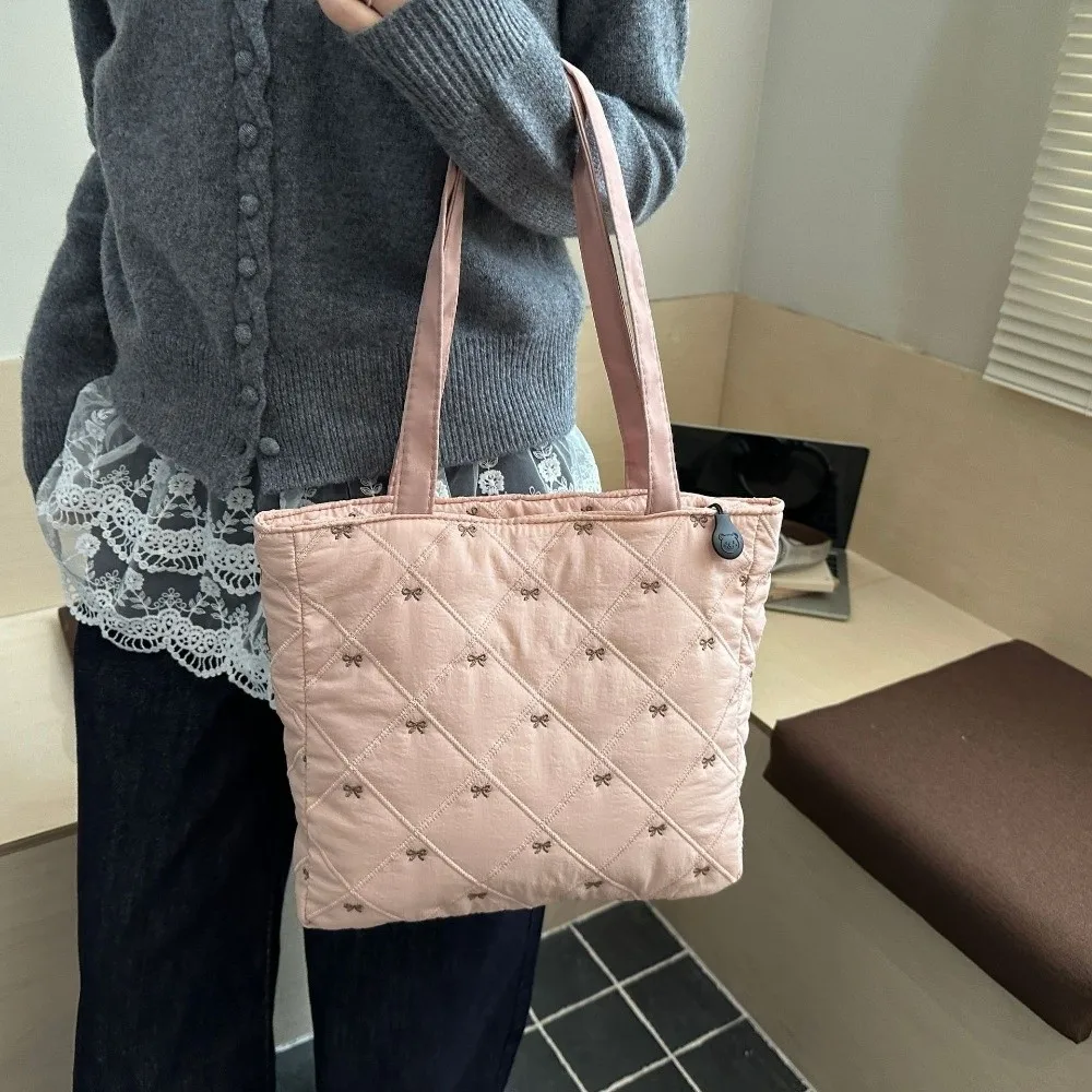Fashion Large Capacity Quilted Tote Bag Argyle Pattern Solid Color Shoulder Bag Lightweight Bow Embroidery Handbag