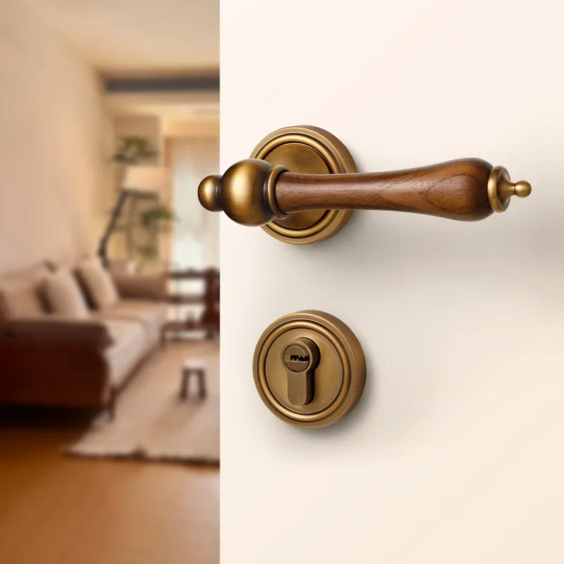 New 35-45MM Medieval Bedroom Lock, Indoor Wooden Door Room Door Lock Bronze Household Magnetic Silent French Retro Door Handle