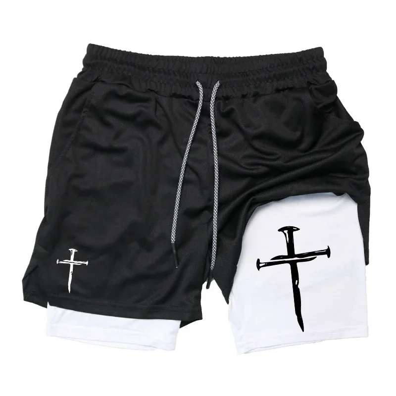 

Cross Graphic 2 in 1 Workout Running Shorts for Men Christian Gym Performance Shorts with Phone Pocket Towel Loop Active Wear