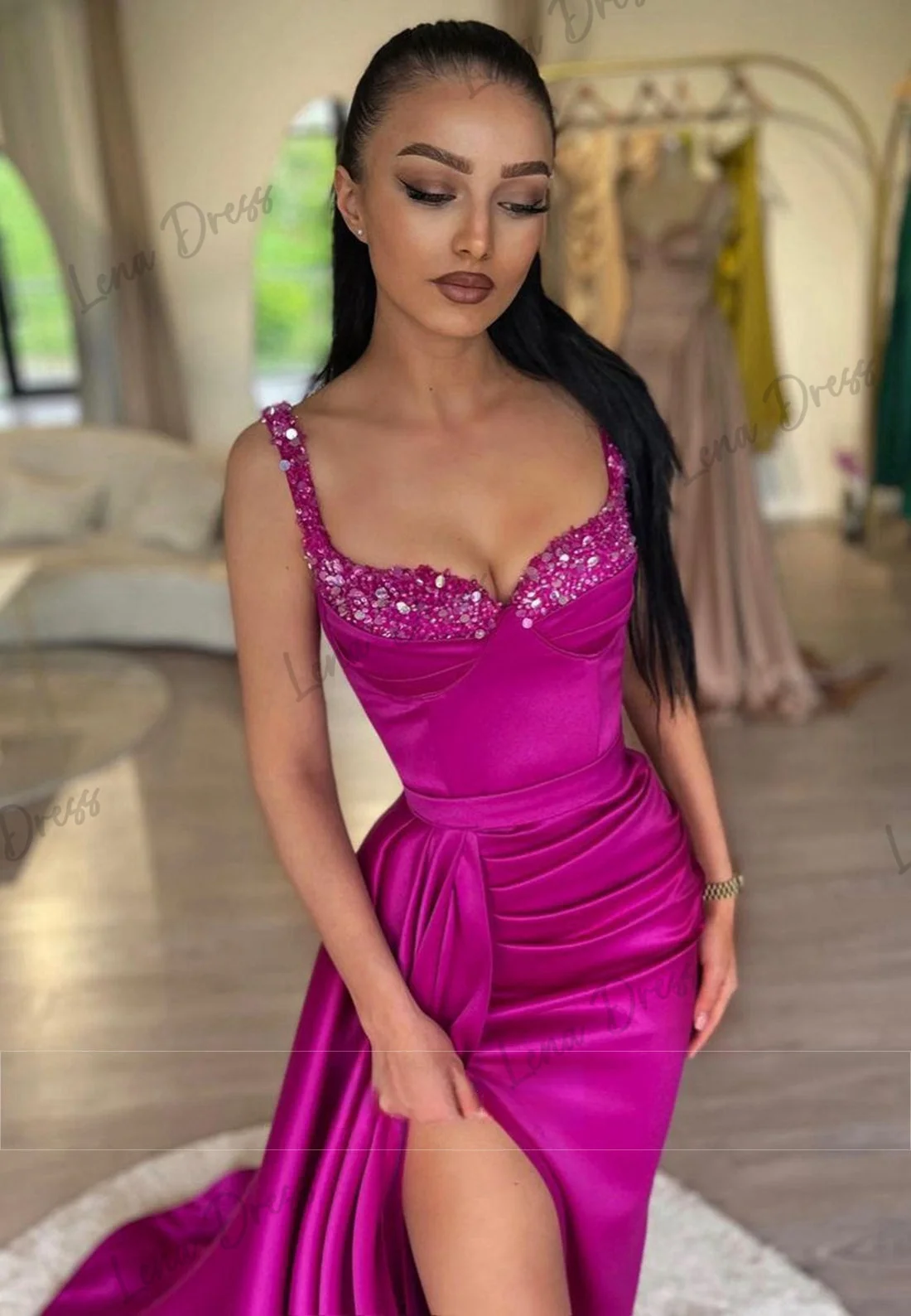 Lena Shiny Elegant Evening Dresses for Women Luxury Evening Dresses 2024 Women Fish Tail Side Slit Purple Red Spaghetti Straps