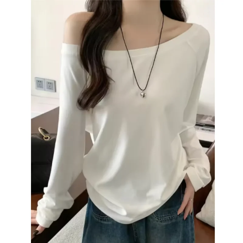 Übergroßes, schulterfreies Langarm-T-Shirt im Y2K-Stil für Damen, einfarbig, lässige Oberteile, Herbst-Basics, T-Shirts im koreanischen Preppy-Stil, vielseitig kombinierbar, neu – Detail 2