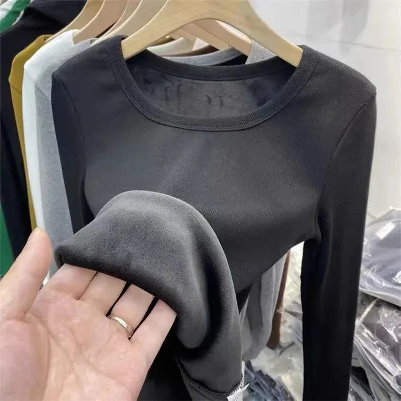 Winter Thermal Underwear Women Plus Fleece Inside with A Slim-fit Bottom Shirt Crew Neck Long Sleeve T-shirt Top