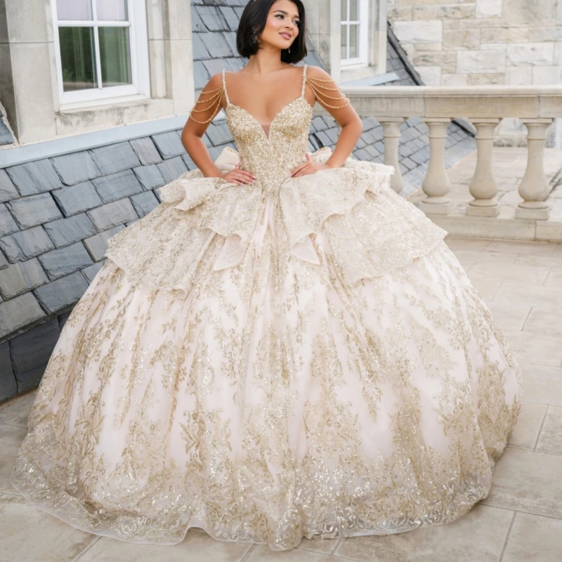 

Champagne Shiny Quinceanera Dresses Ball Gown Off The Shoulder Sequin Applique Lace Beading Crystal Tull Corset Party Birthday