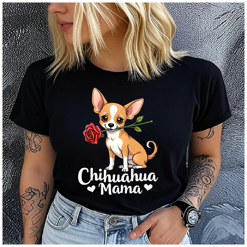 Cotton100% Women's Chihuahua Mama Rose Dog Print T‑Shirt Short Sleeve O‑Neck Casual Loose Summer Fashion Daily Tee Tops