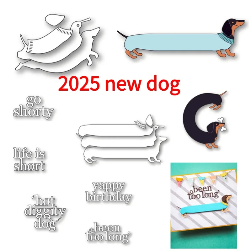 Cumpleaños saltando 2025 Hot Diggity Dog Yappy Dachshund troqueles de corte de Metal sellos de silicona plantilla para álbum de fotos papel DIY