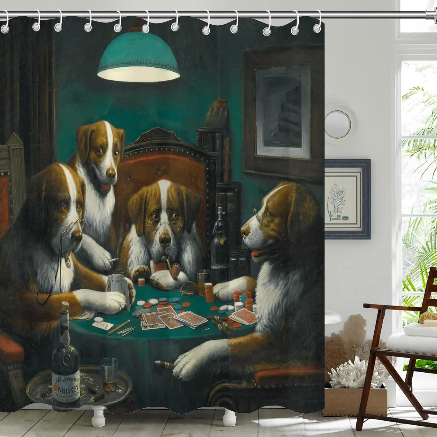 Funny Dogs Playing Poker Shower Curtain,Animal Dog Shower Curtains for Men or Dogs Lovers,Funny Waterproof Polyester Vintage