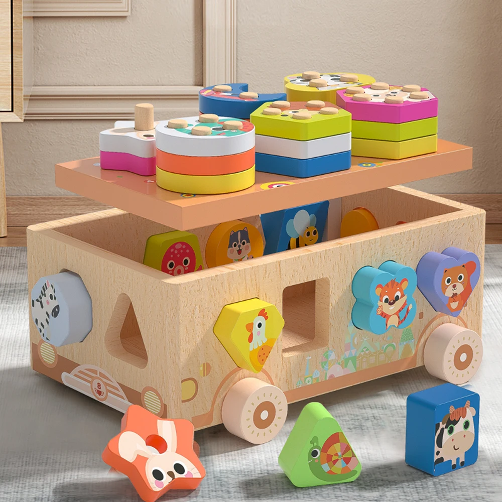 Wooden Shape Assortment Matching Children Dessert Fine Motor Sensory Toys Intelligence Cars Montessori educational Game Cart