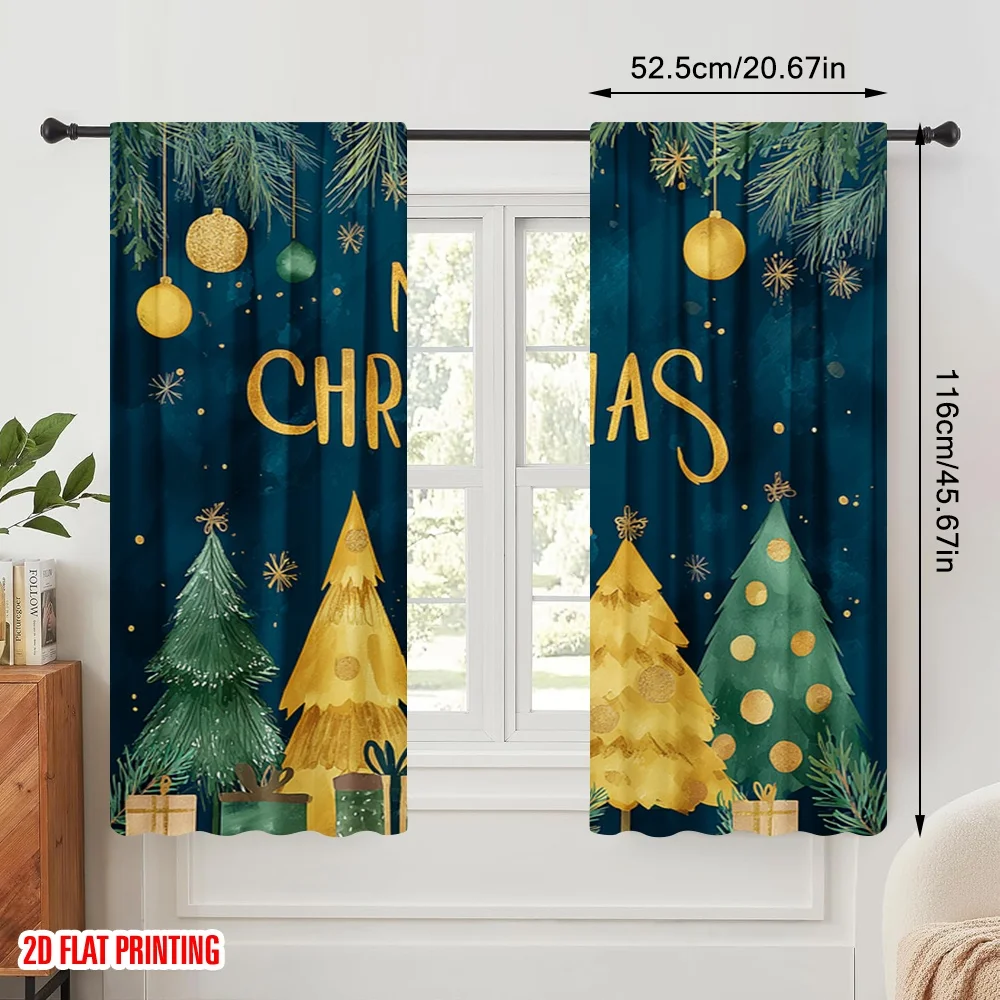 2pcs,2D plane printing Window Curtain Christmas Pine Trees Polyester Fabric (without rod) Art Deco Festive Perfect for Living