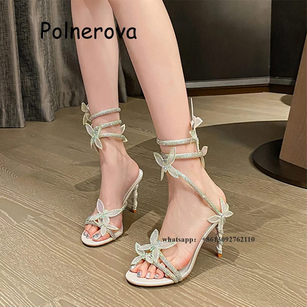 

Rhinestone Butterfly Sandals Snake Strappy Women's Shoes Thin High Heels Summer Casual Party Sweet Girls Fashion Luxury Sandals