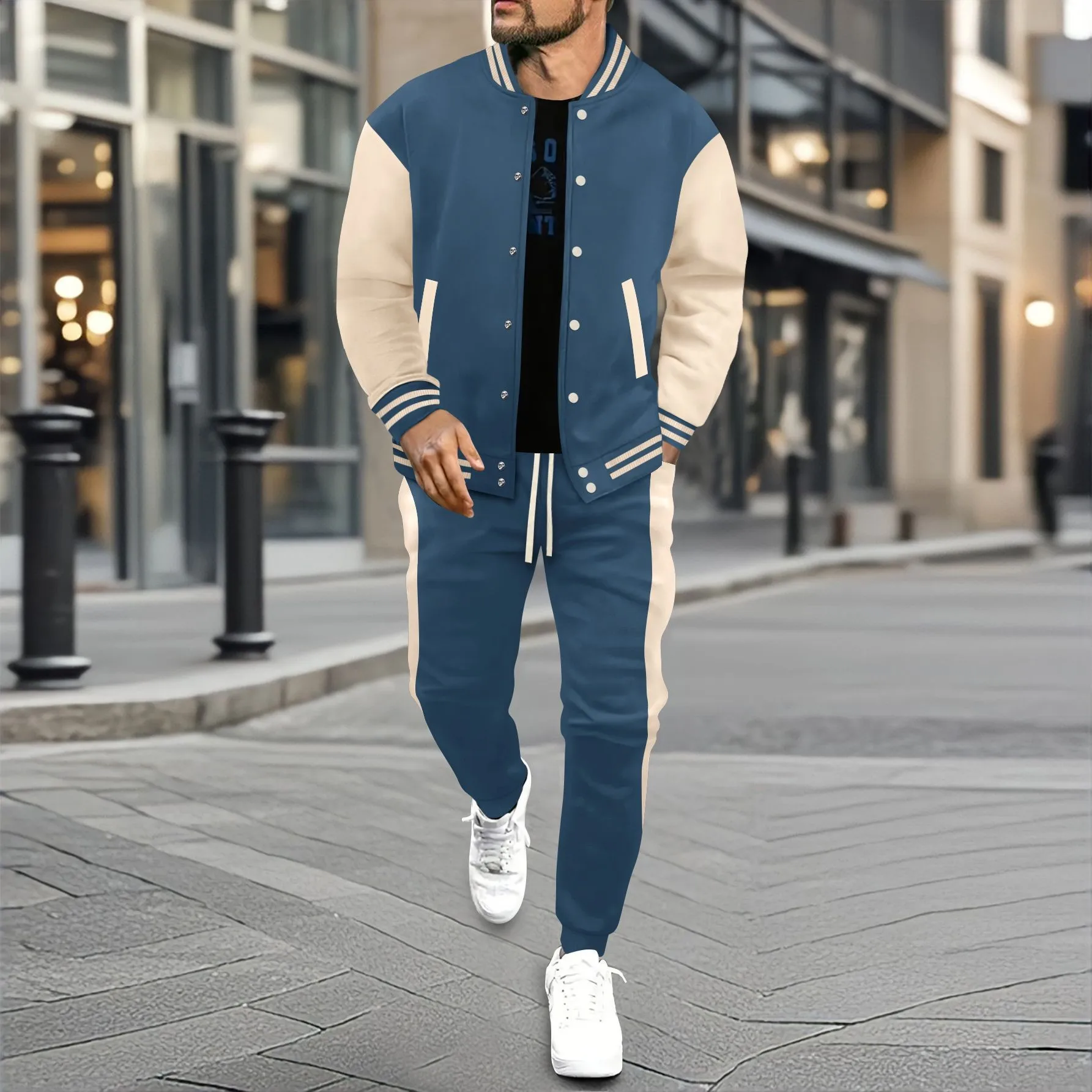 Neue Herren-Baseballjacke für Herbst und Winter, lässiger und vielseitiger Cardigan-Mantel und Farbblock-Sporthosen-Set