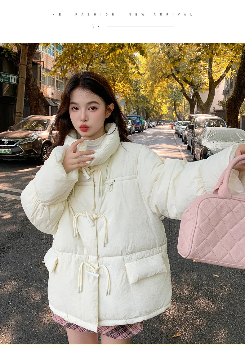 Korean Sweet Short Down Cotton Jacket for Women Stand Collar Toggle Button Puffer Parkas Woman Loose Candy Color Padded Jacket