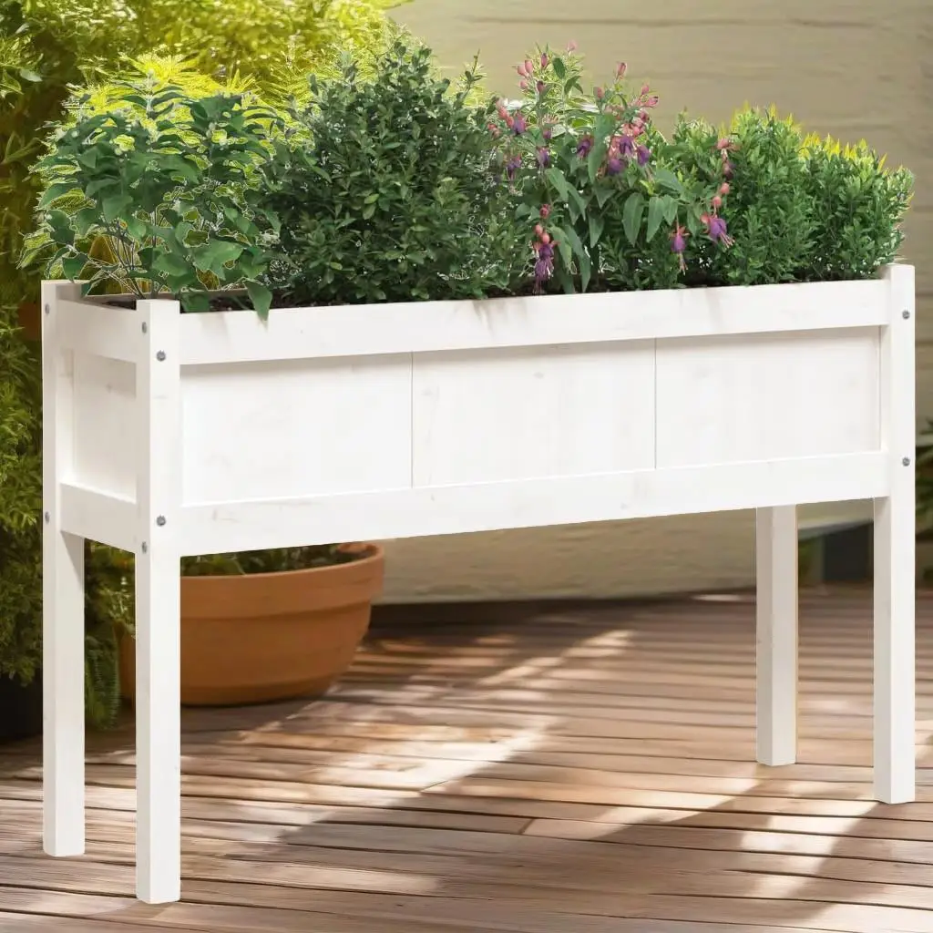 Set of 2 White Solid Wood Pine Garden Planters with Legs - Durable Outdoor Plant Stands